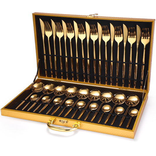 36-piece Stainless Steel Tableware Wooden Box