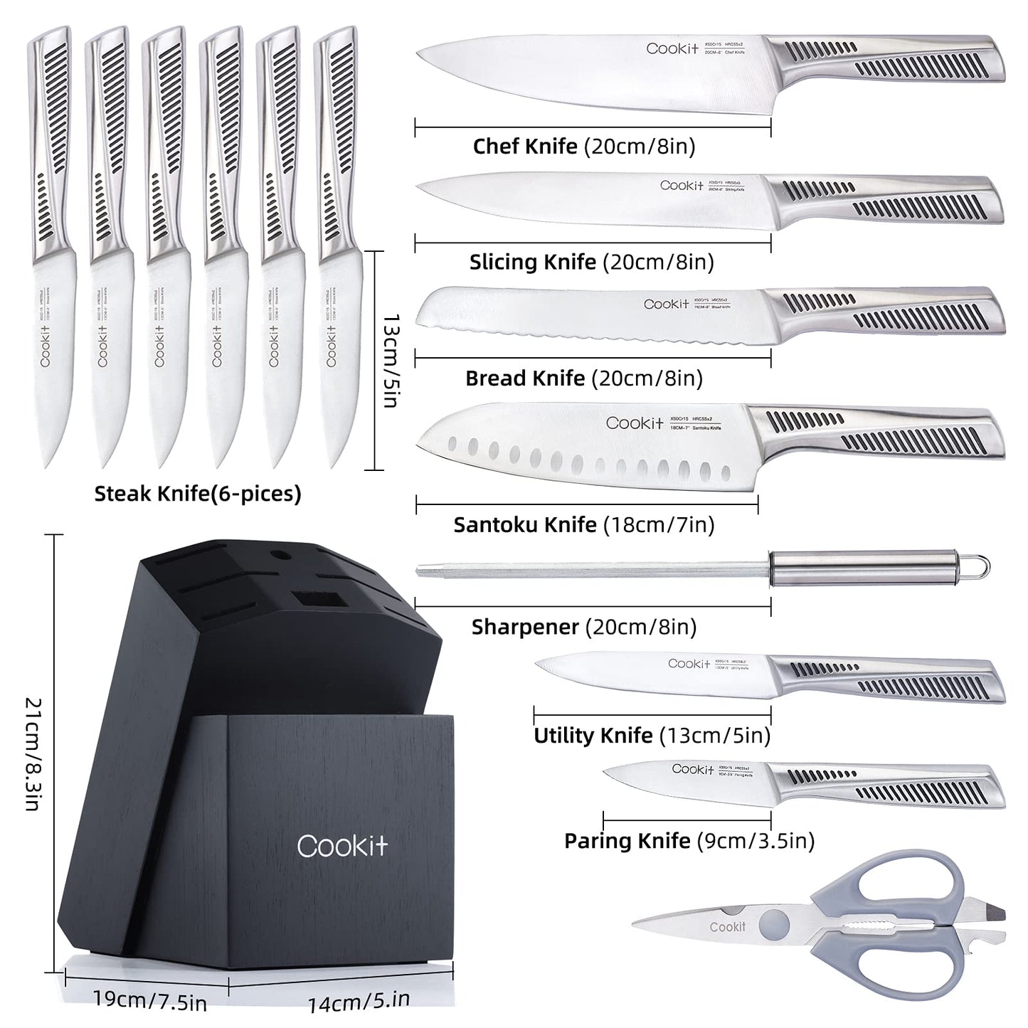 15 Piece Stainless Steel Knife Sets with Block